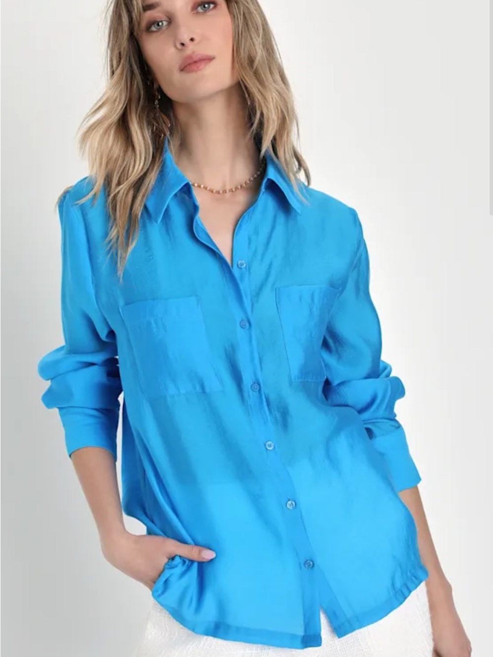 Lulus Sincerely Brilliant Bright Blue Button-up Long Sleeve Top - Size XS